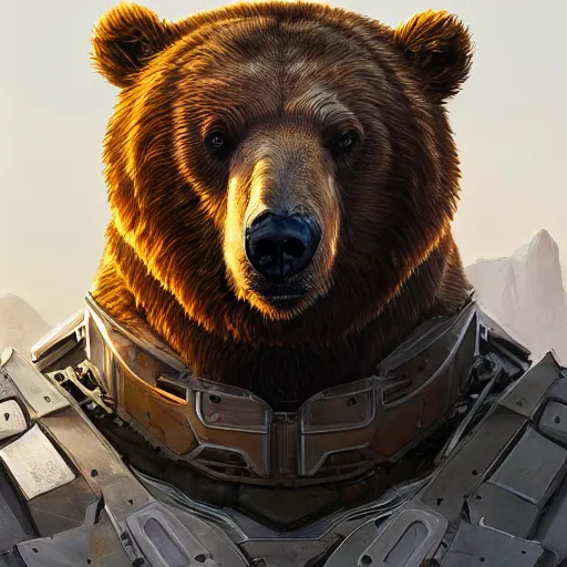 Prompt: portrait of a brown bear wearing battle armor, solarpunk, retrofuturist! intricate, elegant, highly detailed, ray tracing, digital painting, artstation, concept art, smooth, sharp focus, illustration, art by artgerm and greg rutkowski and alphonse mucha, 8 k