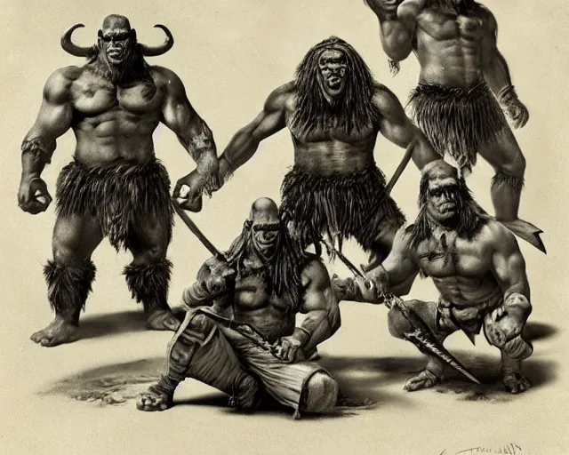 Image similar to group vintage photograph of a real fantasy warrior orc tribe, tall, muscular, armored, tribal paint, highly detailed