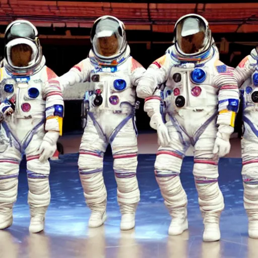 Image similar to 5 space astronauts in spacesuits of different colors, running in a relay race in a stadium, olympic games