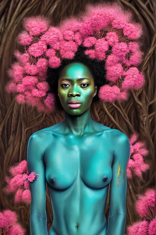 Prompt: hyperrealistic neo - rococo cinematic super expressive! yoruba goddess with exoskeleton armor, merging with tree in a forest, pink red flowers, highly detailed digital painting masterpiece, smooth cam de leon eric zener dramatic pearlescent soft teal light, ground angle hd 8 k, sharp focus