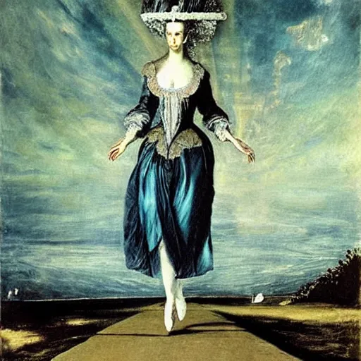 Image similar to Marie Antoinette walking on water. By El Greco, Remedios Varo, Salvador Dali, Carl Gustav Carus, John Atkinson Grimshaw.