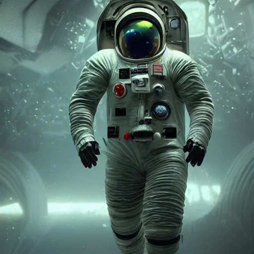 Image similar to concept art by craig mullins astronaut in futuristic dark and empty spaceship underwater. infrared complex and hyperdetailed technical suit. mandelbulb fractal. reflection and dispersion materials. rays and dispersion of light. volumetric light. 5 0 mm, f / 3 2. noise film photo. flash photography. unreal engine 4, octane render. interstellar movie art