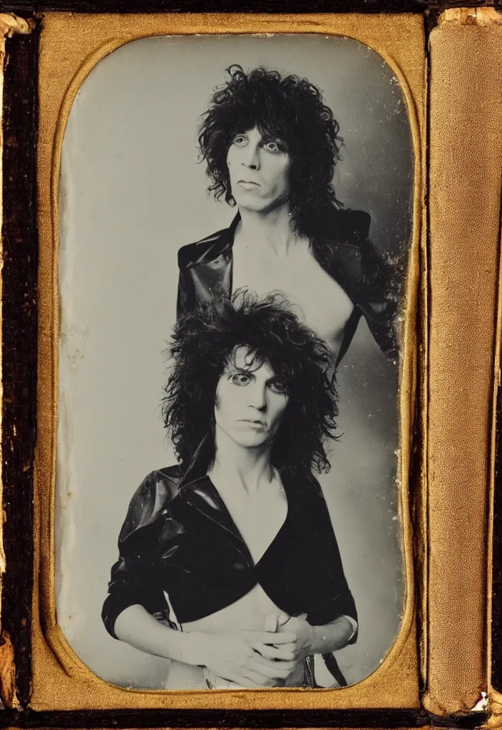 Prompt: Daguerreotype of an 80s glam rock singer, classical portrait