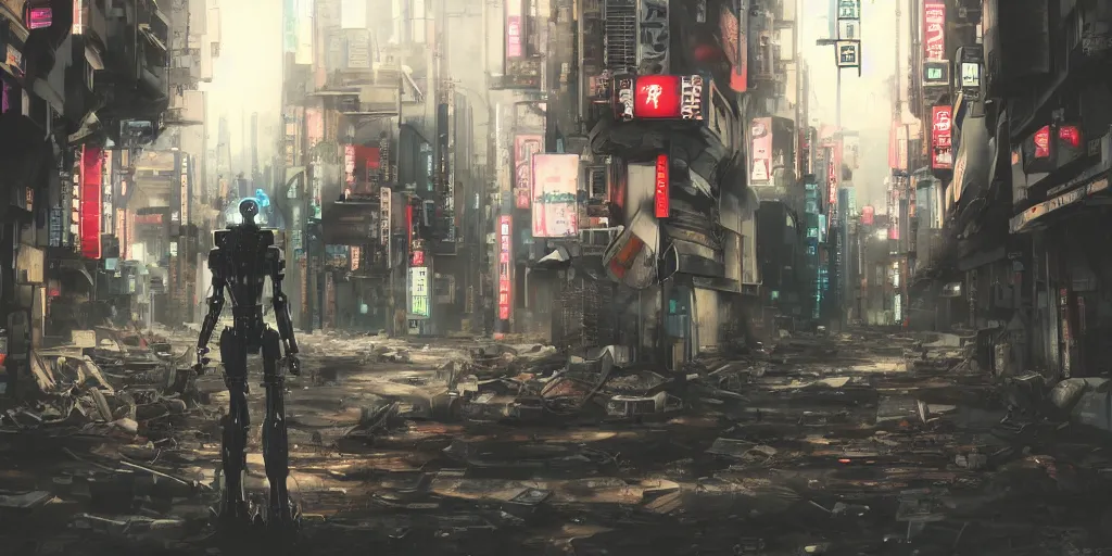 Image similar to a robot mecha wandering in a deserted shinjuku junk town, anime watercolor, soft bloom lighting, paper texture, movie scene, cyberpunk, animatronic, black smoke, pale beige sky pencil marks hd, 4k, remaster, dynamic camera angle, deep 3 point perspective, fish eye, dynamic scene
