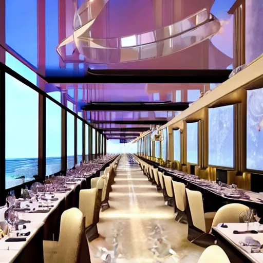 Prompt: diner hall of a futuristic but classy mansion, views to the sea, mirror's edge, background of resident evil game