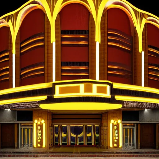 Image similar to incredible image of art deco palace movie theater from outside at night, luxury, hyper detail, hyper real,