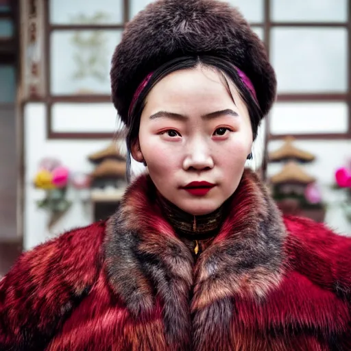 Prompt: closeup photo of a young chinese tribal woman in the style of rosie matheson in a film still of the grand budapest hotel ( 2 0 1 4 )