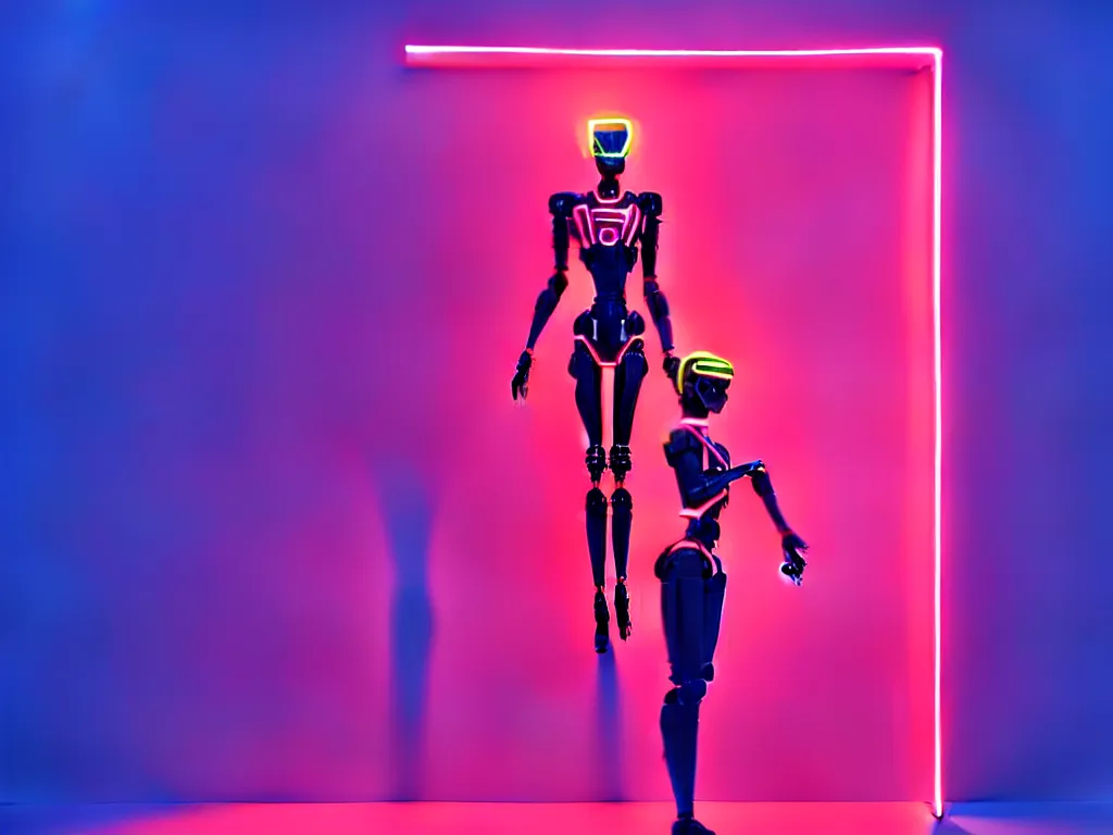 Image similar to beautiful tall female robot printed with red and black 3 d geometrical neon facing a doorway opening with neon pink geometric fractal light + a portal to a vaporwave world, flowering pineapples, transcendent, clean linework, dramatic, finely detailed, 4 k, trending on artstation, photorealistic, volumetric lighting, octane render