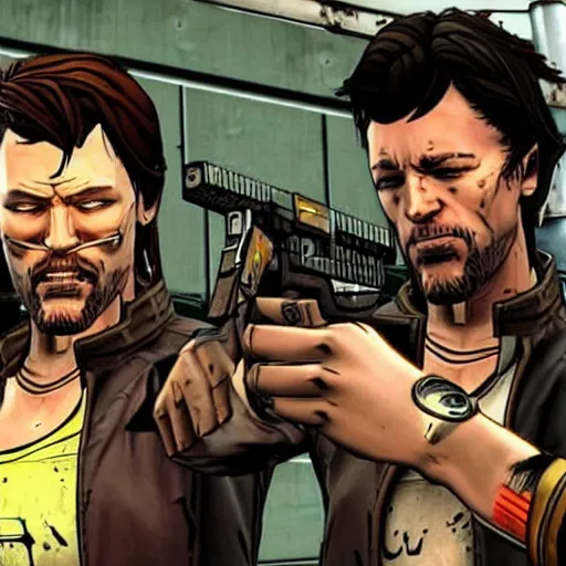 Image similar to the boondock saints in the borderlands game, cyberpunk weapons,