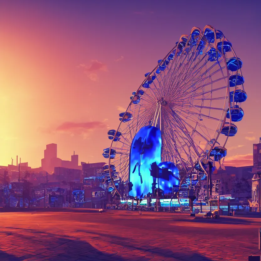 Image similar to unreal engine render, a blue guitar with a ferris wheel in the background, cinematic, sunset, fantasy, 8 k, trending on artstation