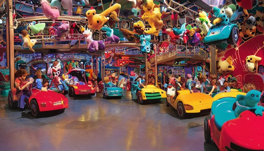 Image similar to 1990s photo of inside the Beanie Baby ride at Universal Studios in Orlando, Florida, children riding in Lamborghini through Beanie Baby Masion, cinematic, UHD