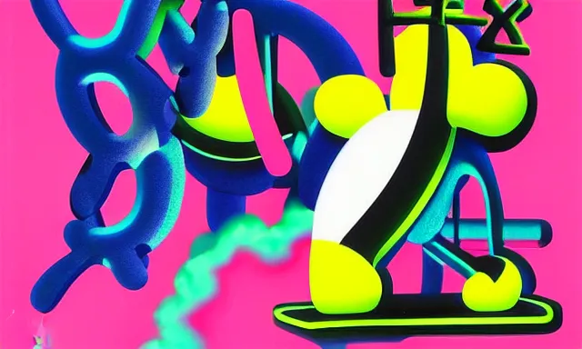 Image similar to Japan sightseeing, a poster design for a contemporary graphic design exhibition, by KAWS, open negative space, clean color and neon fluorescent airbrush accents typographic graphic design volumetric octane render