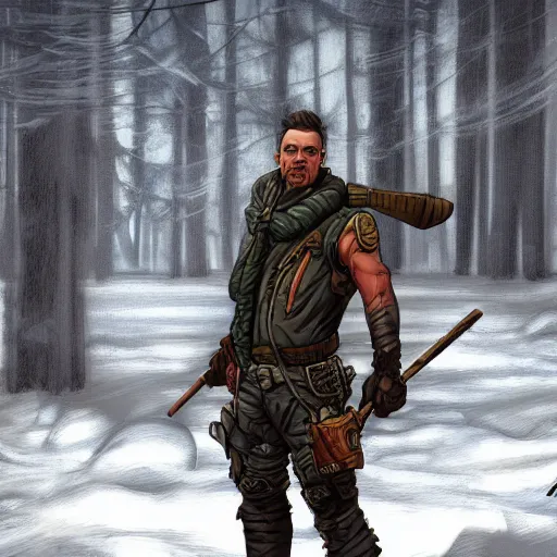 Image similar to A comic book style portrait painting of a male ranger in a a post apocalyptic winter landscape, unreal 5, DAZ, hyperrealistic, octane render, RPG portrait, ambient light, dynamic lighting