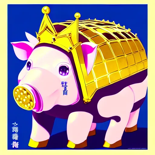 Image similar to 100 giant mecha pigs wearing gold crowns, anime style, art by YASUHIKO Yoshikazu and lisa frank, trending on Artstation