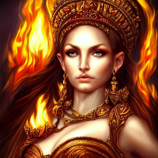 Prompt: perfectly centered close up portrait, goddess of fire, candid photography, by anne stokes, highly detailed, character concept