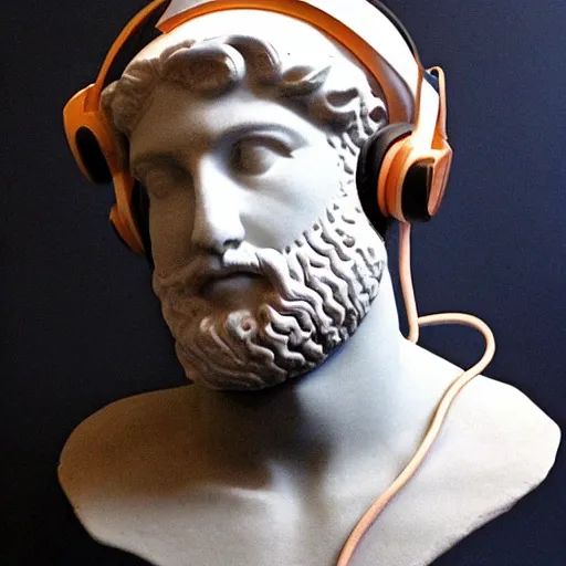 Prompt: roman bust wearing headphones, in the style of vaporwave!!!!!!!!!!!