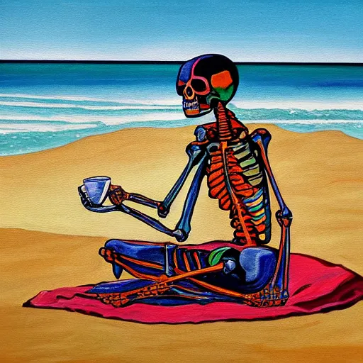 Prompt: a colorful painting of a cool anatomical skeleton eating raman at long beach, high noon