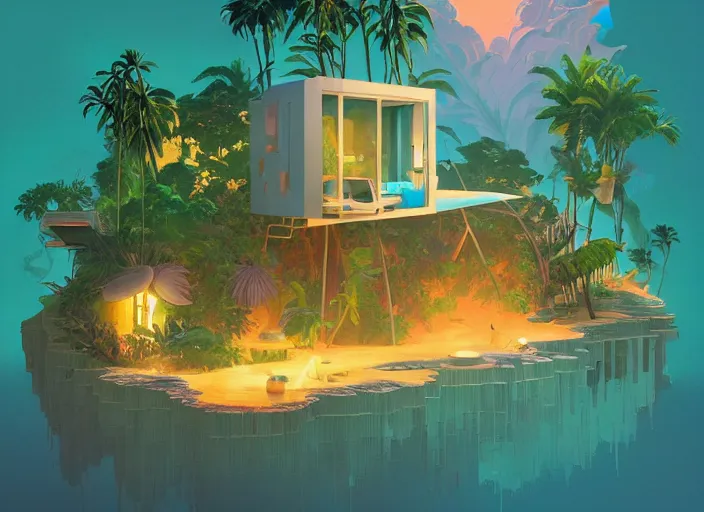 Image similar to a luminescent tropical cottage by paolo eleuteri serpieri and tomer hanuka and chesley bonestell and daniel merriam and tomokazu matsuyama, unreal engine, high resolution render, featured on artstation, octane, 8 k, highly intricate details, vivid colors, vector illustration