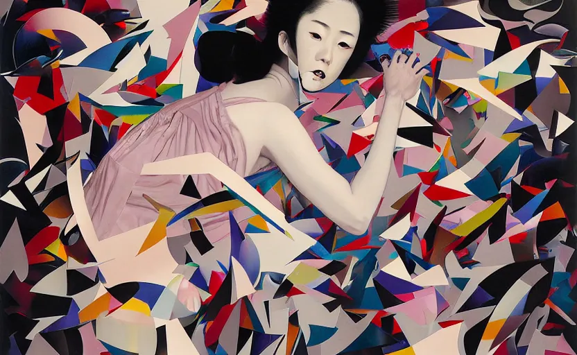 Prompt: decollage painting young japanese actress chased by unconsciousness fear by adrian ghenie and takato yamamoto and edward hopper and mark ryden and tsutomu nihei, part by bridget riley, acrylic pour and splashing paint, very coherent, baroque elements, perfect anatomy, intricate design. pop art.