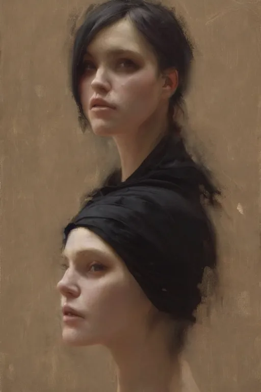 Image similar to Richard Schmid and Jeremy Lipking and Roberto Ferri full length portrait painting of a young beautiful evil fantasy priestess covered head in black except for face