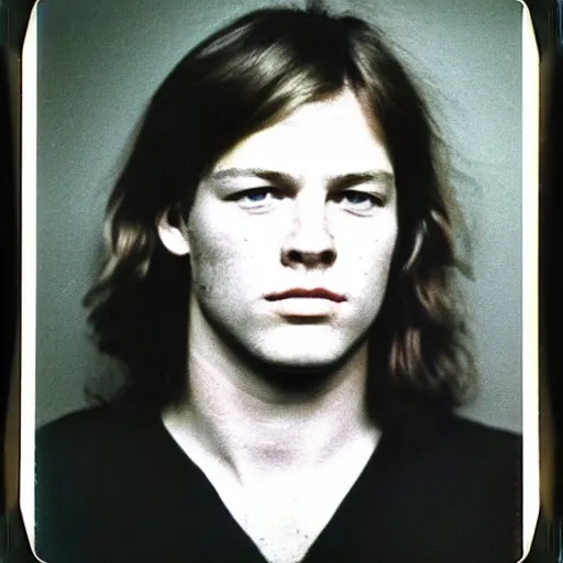 Image similar to Mugshot Portrait of Young David Gilmour, taken in the 1970s, photo taken on a 1970s polaroid camera, grainy, real life, hyperrealistic, ultra realistic, realistic, highly detailed, epic, HD quality, 8k resolution, body and headshot, film still, front facing, front view, headshot and bodyshot, detailed face, very detailed face