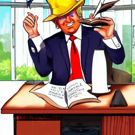 Prompt: donald trump sitting in his office wearing a fedora reading manga artstation