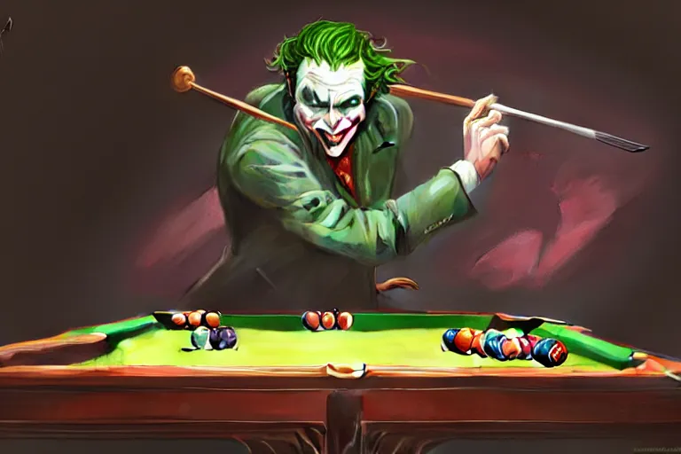 Image similar to photography of the joker playing pool, deep focus, d & d, intricate, elegant, highly detailed, digital painting, artstation, concept art, matte, sharp focus, illustration, hearthstone, art by artgerm and greg rutkowski and alphonse mucha