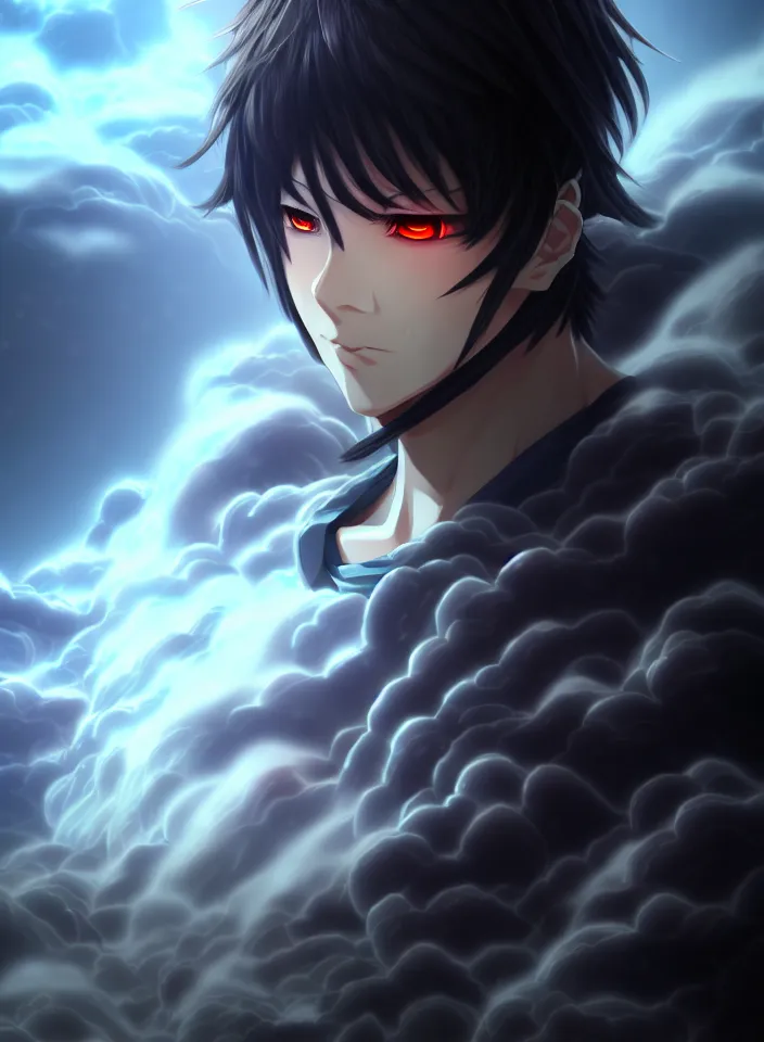 Image similar to a detailed manga illustration character full body portrait of a dark haired cyborg anime man surrounded by clouds of dark smoke and fire, trending on artstation, digital art, 4 k resolution, detailed, high quality, sharp focus, hq artwork, insane detail, concept art, character concept, character illustration, full body illustration, cinematic, dramatic lighting