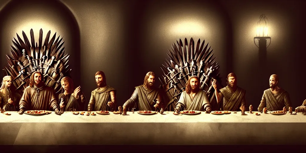 Prompt: game of thrones last supper by beeple and greg rutkowski, digital painting, trending on artstation, sharp focus, 4 k