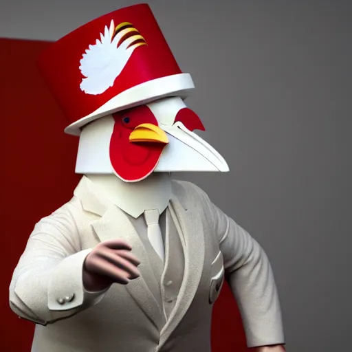 Image similar to a chicken dressed up as colonel sanders as a chicken dressed in the colonel sanders uniform as a chicken, realistic, hyperrealistic, ultra realistic, real, real world, highly detailed, very detailed, extremely detailed, intricate details, 8 k resolution, hd quality