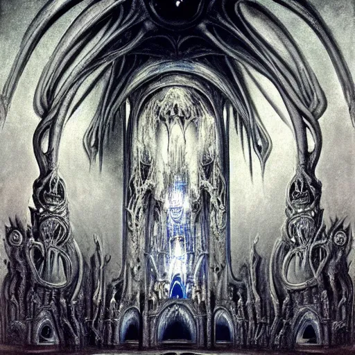 Prompt: monstrous and twisted cathedral with an altar that has a statue to many eyed veiny and four armed cthulhu, tentacles twisting in lotus position. in the style of hr giger and zdzisław beksinski and frank frazetta. blue glow, gloomy and misty. biomechanical oil painting horror