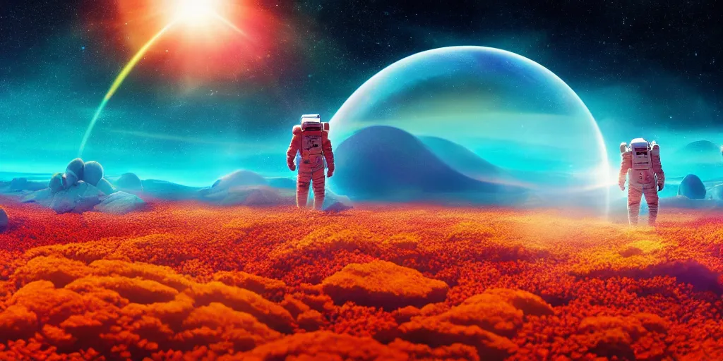 Prompt: astronaut walks in a field of colorful corals on the surface of a far away planet. universe in the background. wallpaper relaistic cgi 4 k lens flare cinematic color grading