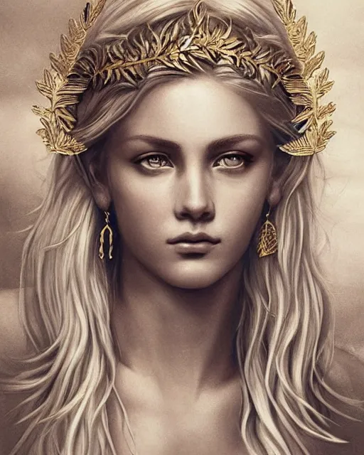 Image similar to beautiful aphrodite greek goddess wearing a golden laurel wreath and arrowhead earrings, hyper - realistic tattoo sketch, beautiful piercing eyes with sharp pupils, beautiful blonde hair, in the style of greg rutkowski, fantasy, amazing detail, epic, elegant, smooth, sharp focus