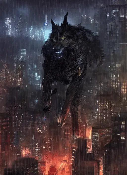 Image similar to Giant wolf with glowing eyes towering over a fantasy city, raining. In style of Yoji Shinkawa and Hyung-tae Kim, trending on ArtStation, dark fantasy, great composition, concept art, highly detailed, dynamic pose.