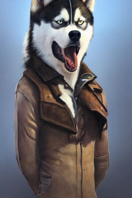 Image similar to a portrait painting of a husky in cowboy costume, western film, humanoid, personify, anthropomorphic, trending on artstation