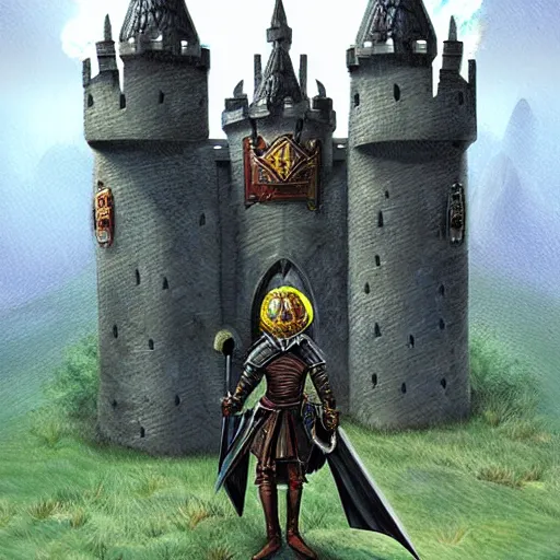 Image similar to black knight with raised broad sword standing atop castle, fantasy art, highly detailed, realistic, Diego Gisbert style,