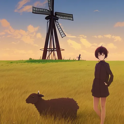 Image similar to a group of black - headed sheeps in a wheat field in front of a windmill by makoto shinkai and lois van baarle, ilya kuvshinov, rossdraws global illumination