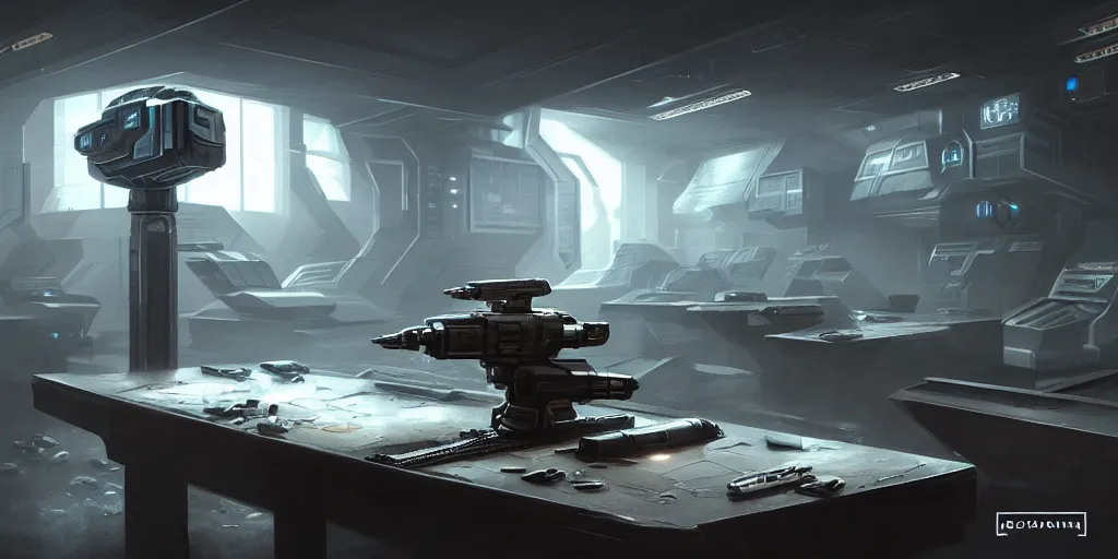 Prompt: ultra realistic, concept art, a variety of futuristic laser guns on a table in a locker room, science fiction, intricate details, eerie, highly detailed, octane render, unreal, straight lines, sharp