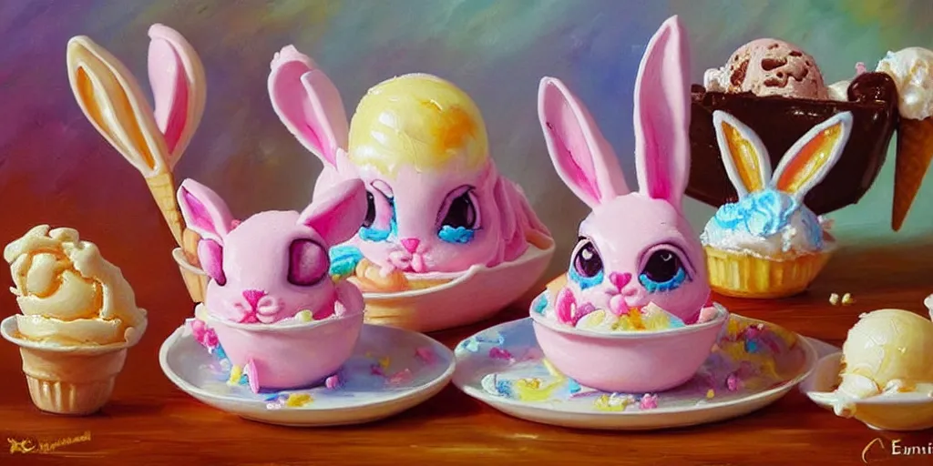 Image similar to ice cream made in the shape of 3 d littlest pet shop rabbit, bunny, realistic, melting, soft painting, desserts with chocolate syrup, toppings, ice cream, forest, master painter and art style of noel coypel, art of emile eisman - semenowsky, art of edouard bisson