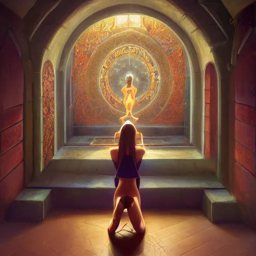 Image similar to Art station concept of a beautiful girl kneeling in front of a religious shrine, Hypnosis, Trance, symmetrical face, smooth body features, by Stanley Artgerm Lau, WLOP, Rossdraws, James Jean, Andrei Riabovitchev, Marc Simonetti, and Sakimichan, trending on artstation