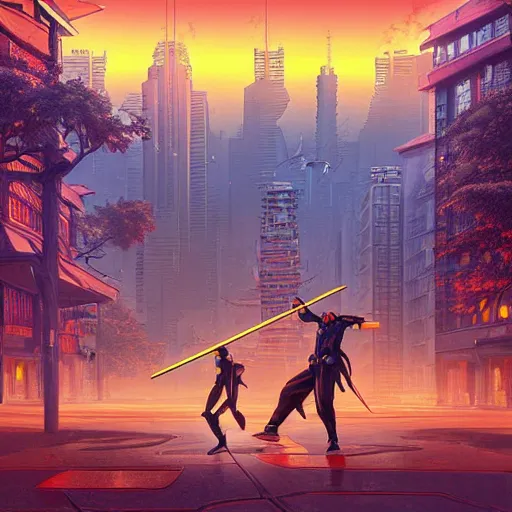 Image similar to ninja cyborgs katana duel in cybercity, golden hour, poster by michael whelan and gilbert williams and evgeny lushpin and artgerm and alena aenami, 3 0 mm, highly detailed