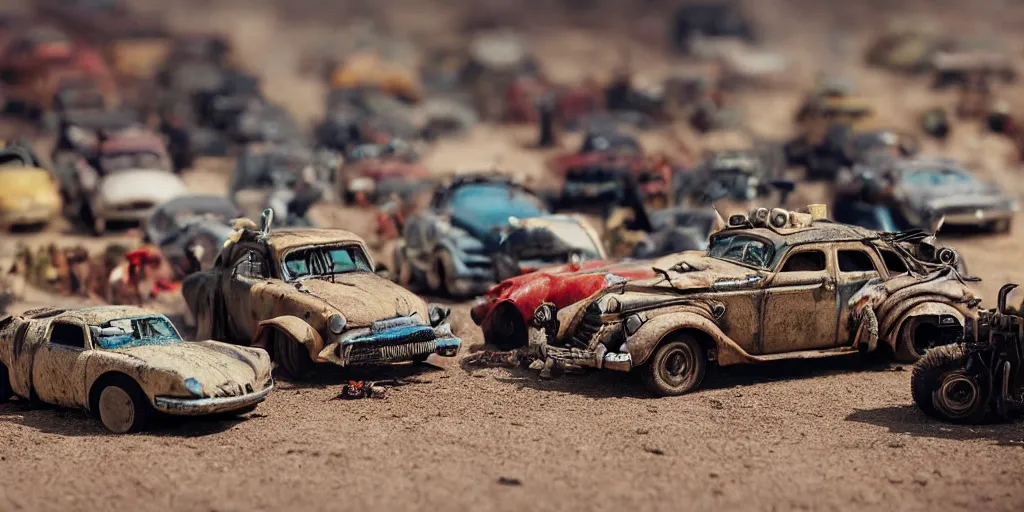 Image similar to needle felt of immortan joe and cars from fury road ( 2 0 1 5 ), tilt shift, action shot, detailed textures, action, dramatic light, god rays