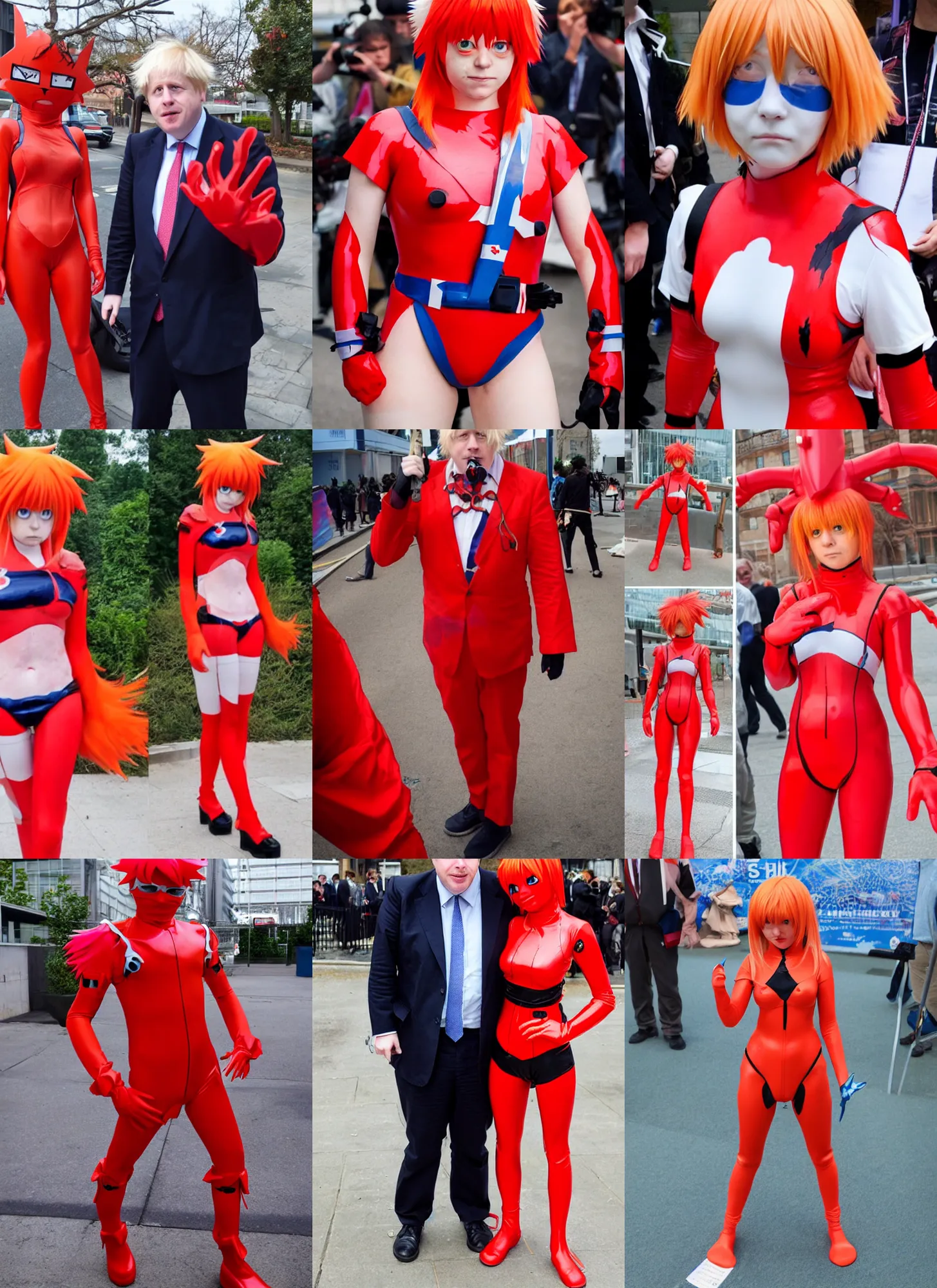 Prompt: boris johnson cosplaying as asuka langley from evangelion, anime convention, red body suit, high quality, detailed, sigma 8 5 mm