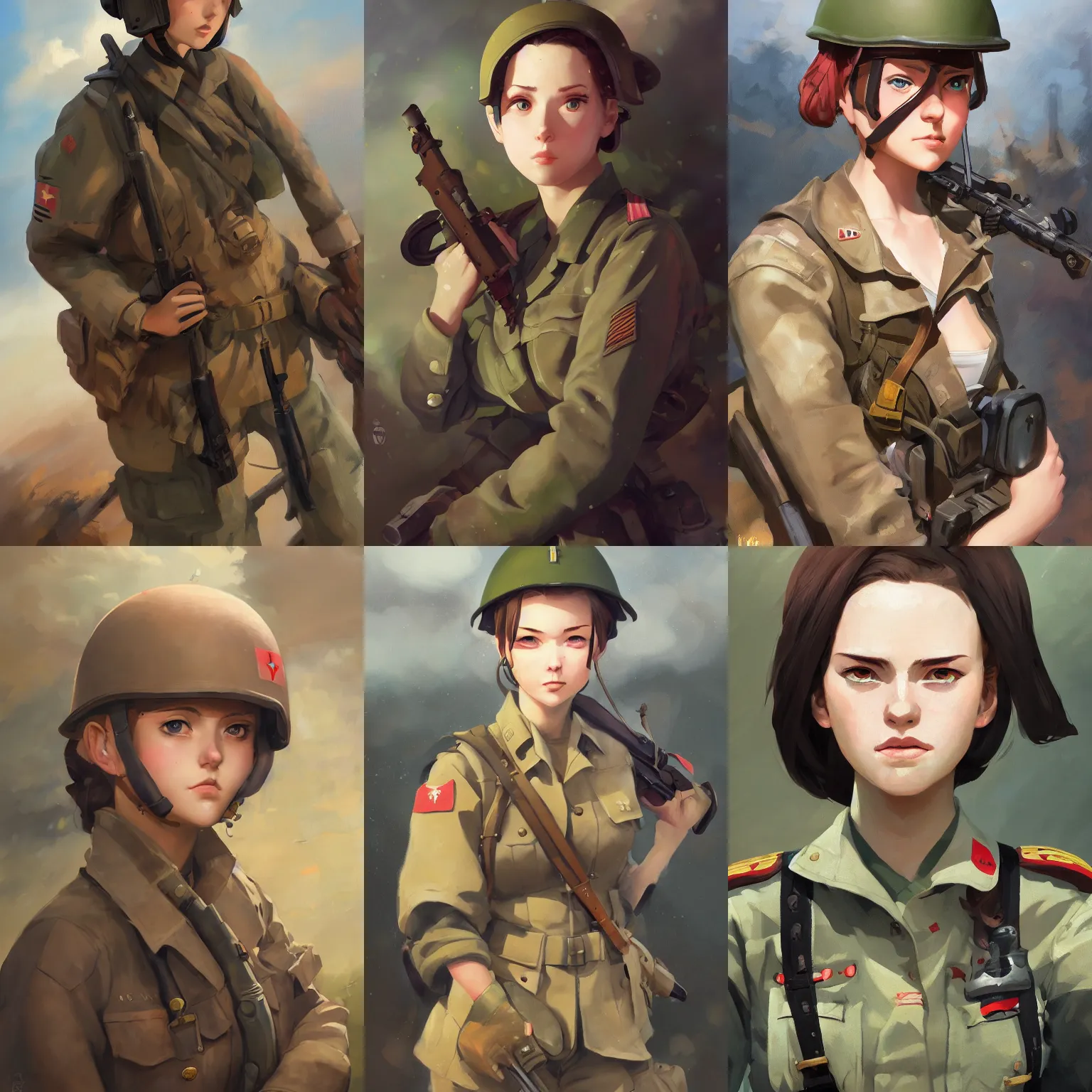 Prompt: a portrait of a cute female world war two soldier, combat setting, vivid colors, soft lighting, atmospheric, cinematic, moody, in the style of ilya kuvshinov and range murata, krenz cushart, rule of thirds, oil on canvas, 8 k