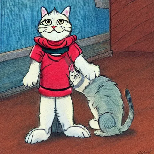 Image similar to person wearing a cat costume, anthropomorphic humanoid cat, extra fluffy Persian tabby cat standing on two feet, drawing by Don Bluth, colored pencil sketch with feathery lines, drawing by Yoshitaka Amano