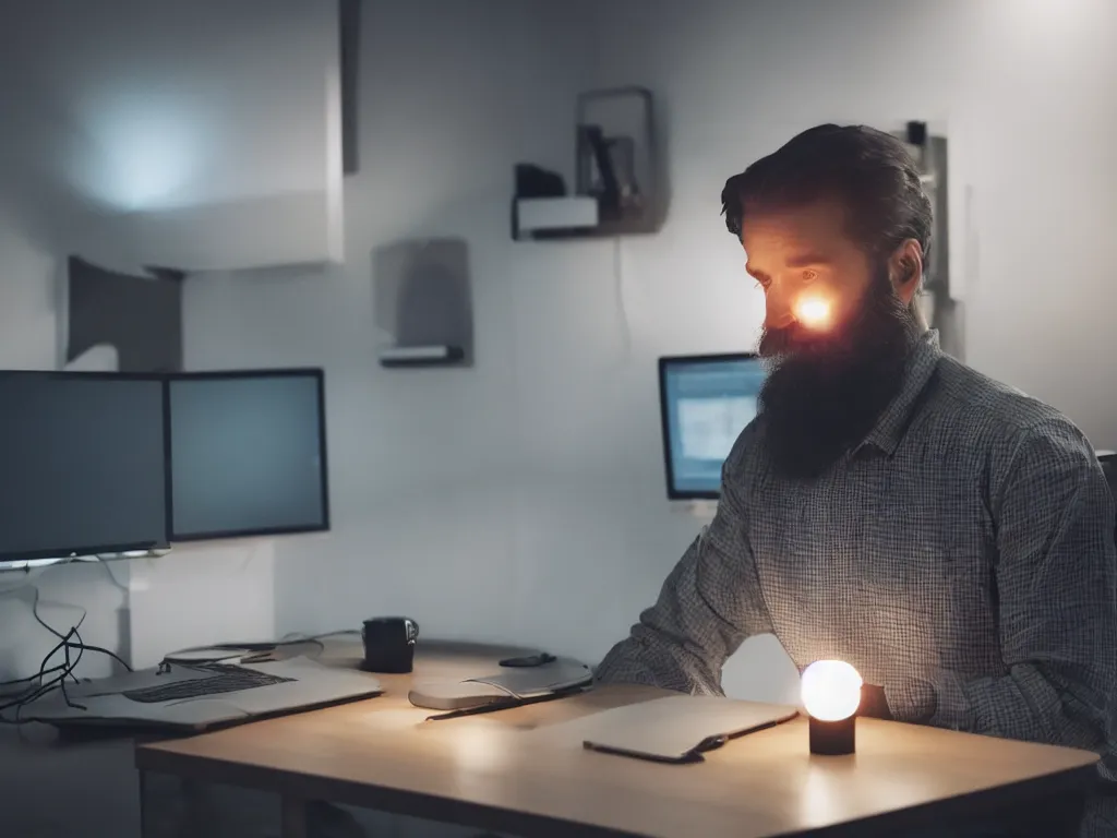 Image similar to man's bearded face lit up by the glow of laptop and monitor screen as works late at night at desk, photorealistic