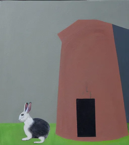 Prompt: brutalist painting of a rabbit and a giant carrot house