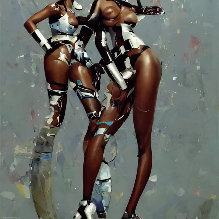 Prompt: slim and cute african domme mistress, full body, dominatrix, rubber and latex, tribal, smooth white surroundings, future, high tech, concept art, realistic painting, digital art by john berkey, by takashi murakami