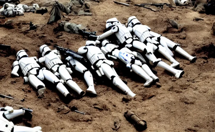 Prompt: screenshot stormtroopers lying in a mass grave on a dirty planet, scene from The Force Awakens, 1970s film by Stanley Kubrick, wide shot, moody lighting, stunning cinematography, hyper-detailed, sharp, anamorphic lenses, kodak color film, 4k