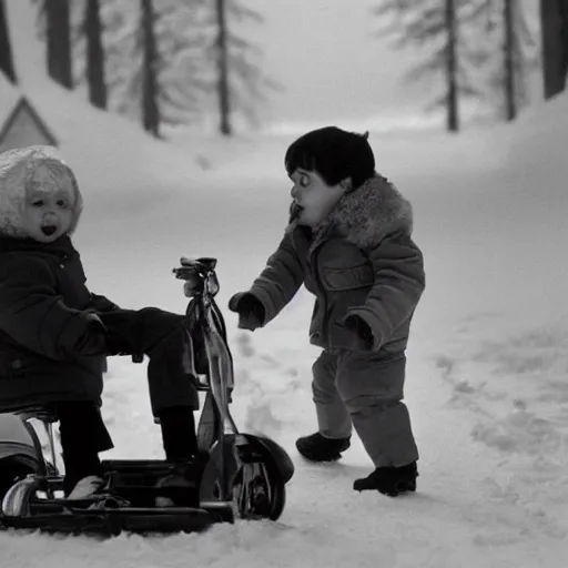 Image similar to on the set of the shining, danny is riding his big wheel, kubrick has his parka on,